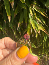 Load image into Gallery viewer, Zuni Artist Larry Castillo Carved Red Opal Brass Ring