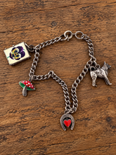 Load image into Gallery viewer, Vintage Sterling Dog, Mushroom, Pansy, Heart Horseshoe Charm Bracelet