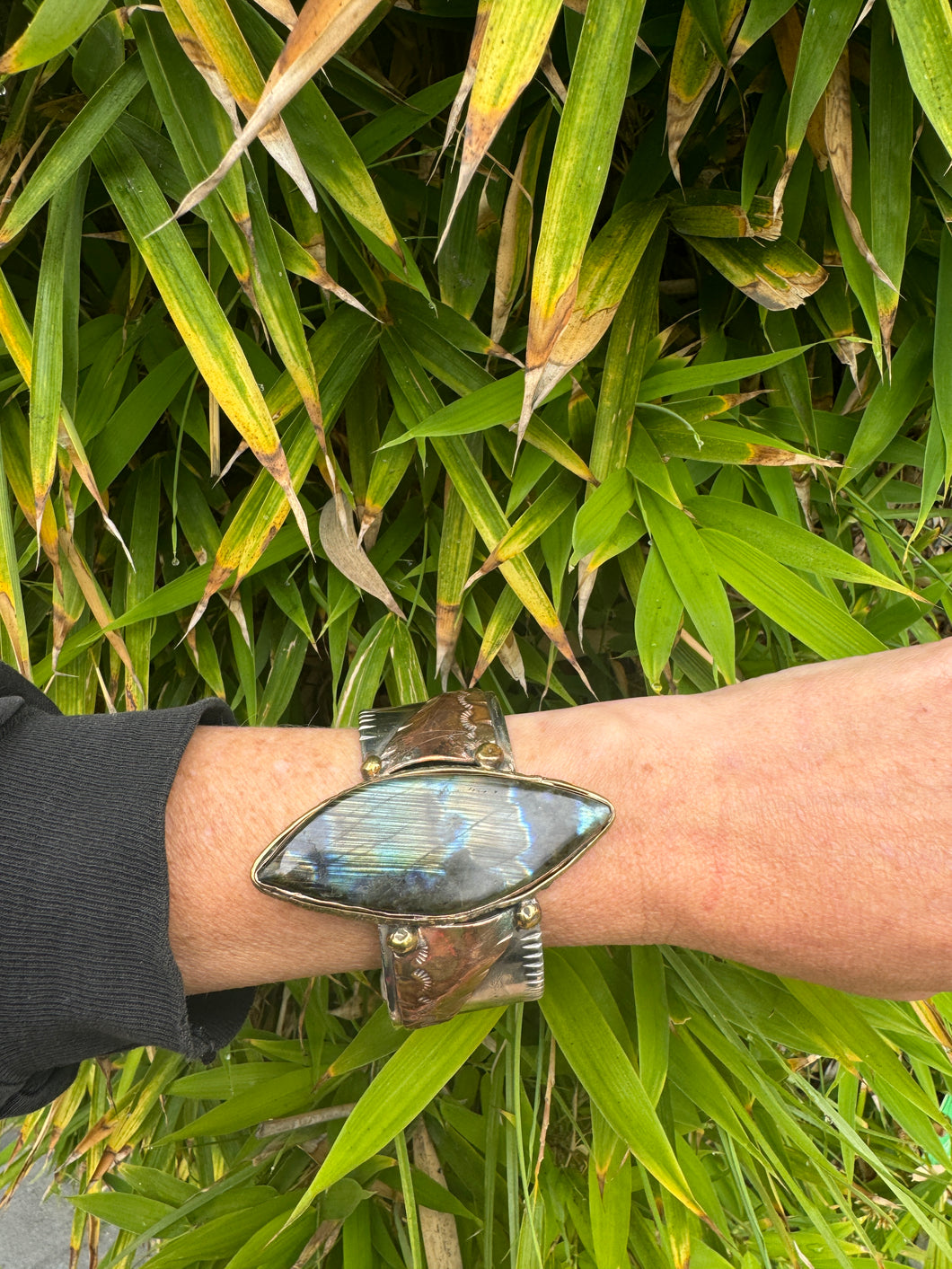 Labradorite Diamond Sterling Silver Brass Cuff Bracelet