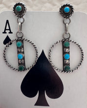Load image into Gallery viewer, Vintage Zuni Snake Eye Turquoise Dangle Hoop Earrings
