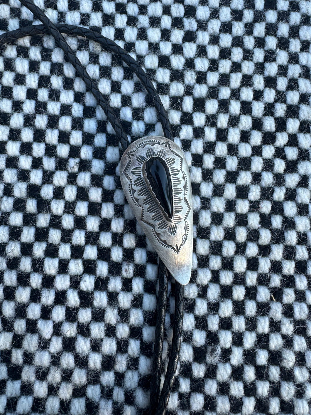 Vintage Onyx Sterling Silver Bolo Tie Necklace