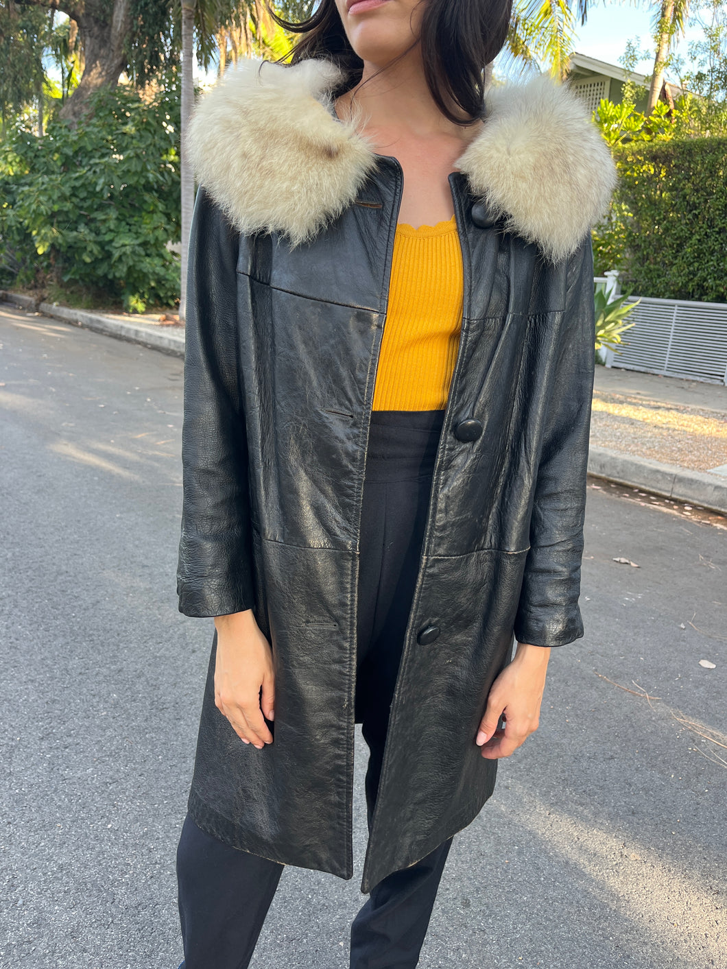Leather Fox Fur Collar Jacket