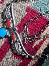 Load image into Gallery viewer, Navajo Turquoise Coral Hanging Feathers Necklace
