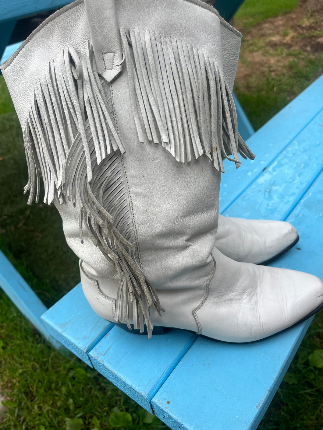 Cowboy Fringe White Leather Boots