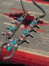 Load image into Gallery viewer, Pawn Turquoise Coral Squash Blossom Necklace
