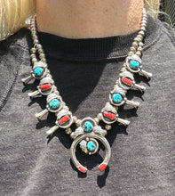 Load image into Gallery viewer, Pawn Turquoise Coral Squash Blossom Necklace
