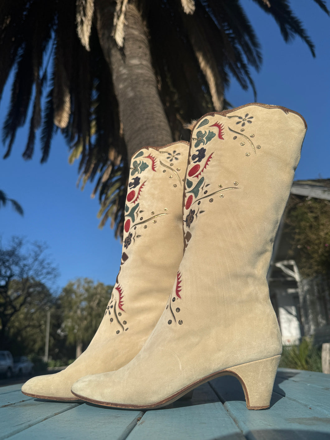 1980's Andrea  Pfister for Neiman Marcus Floral Embroidery Suede Boots