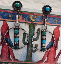 Load image into Gallery viewer, Vintage Zuni Snake Eye Turquoise Dangle Hoop Earrings
