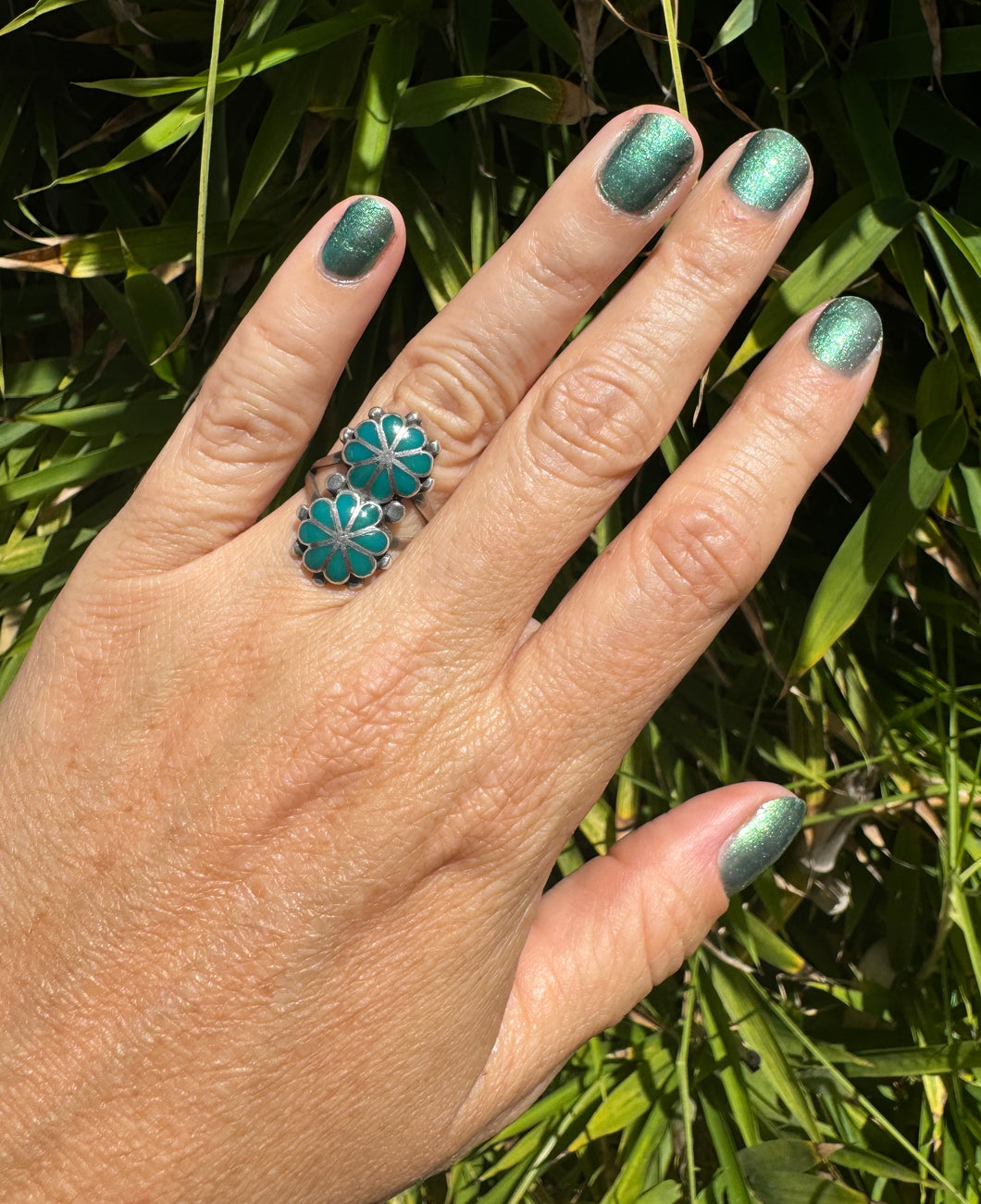 Two Flower Stacked  Inlay Turquoise  Ring