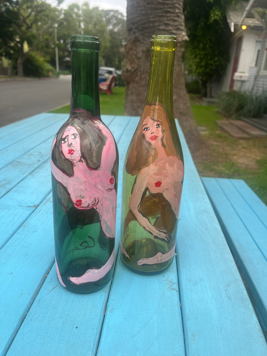 Vintage Pair of Painted Lady Wine Bottles