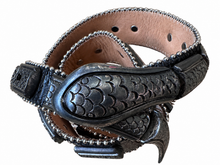 Load image into Gallery viewer, Vintage Y2K Streets Ahead Black Leather Silver Snake Belt
