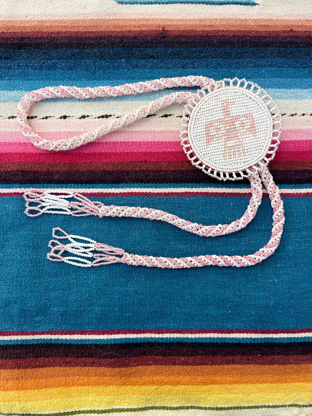 Navajo Hand Beaded Eagle Round Bolo Tie Necklace