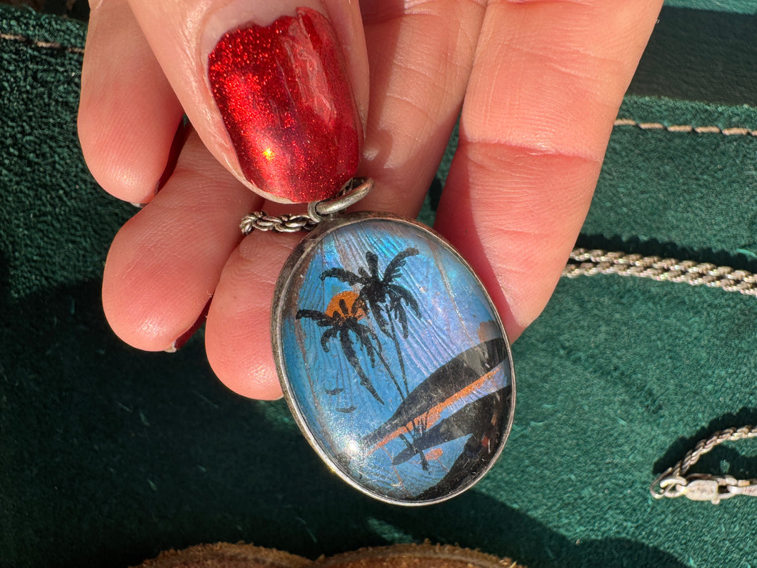 Butterfly Wing Beach Scene Pendant Necklace