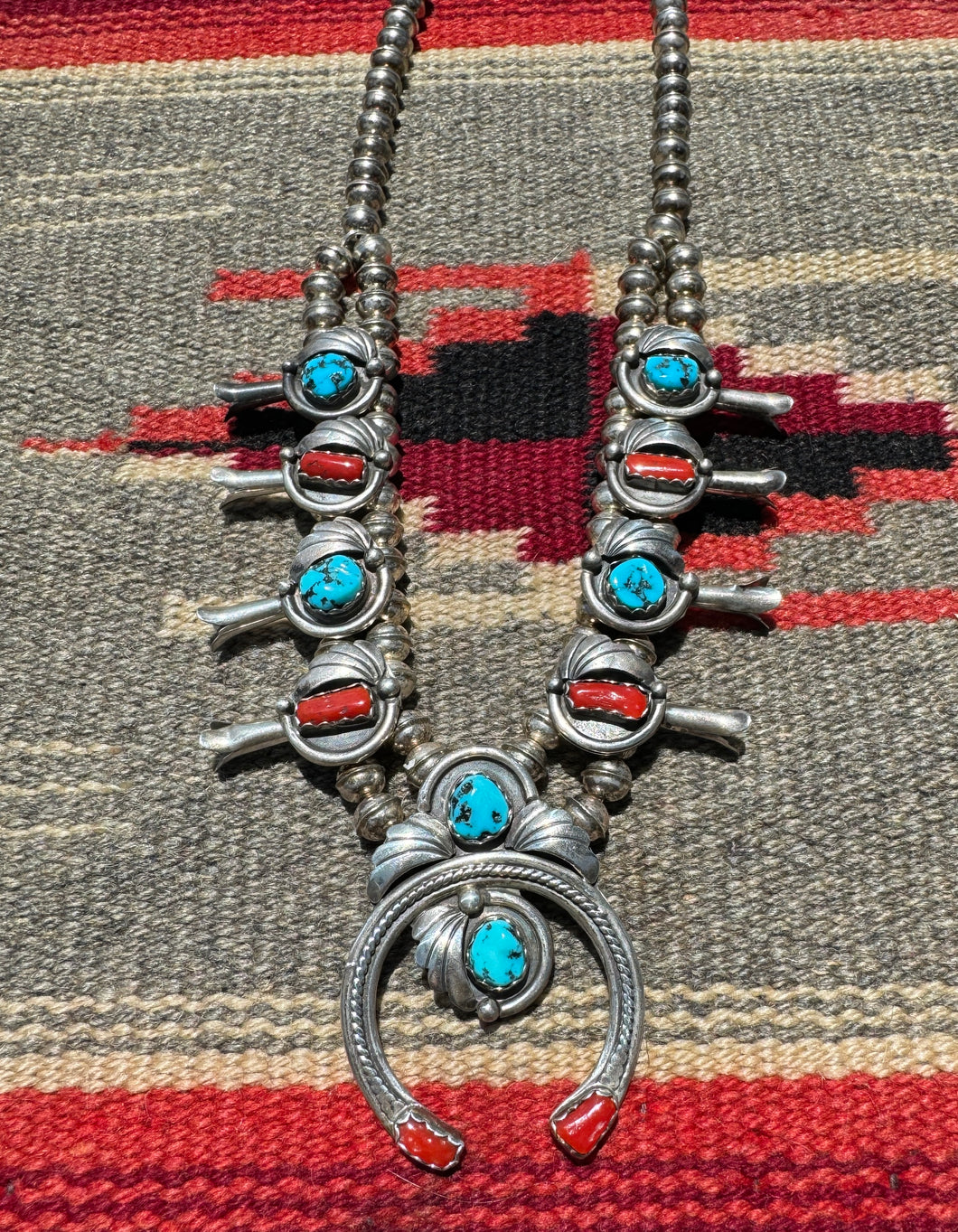 Pawn Turquoise Coral Squash Blossom Necklace