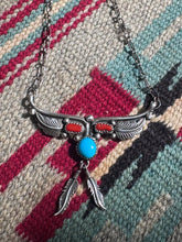 Load image into Gallery viewer, Navajo Turquoise Coral Hanging Feathers Necklace
