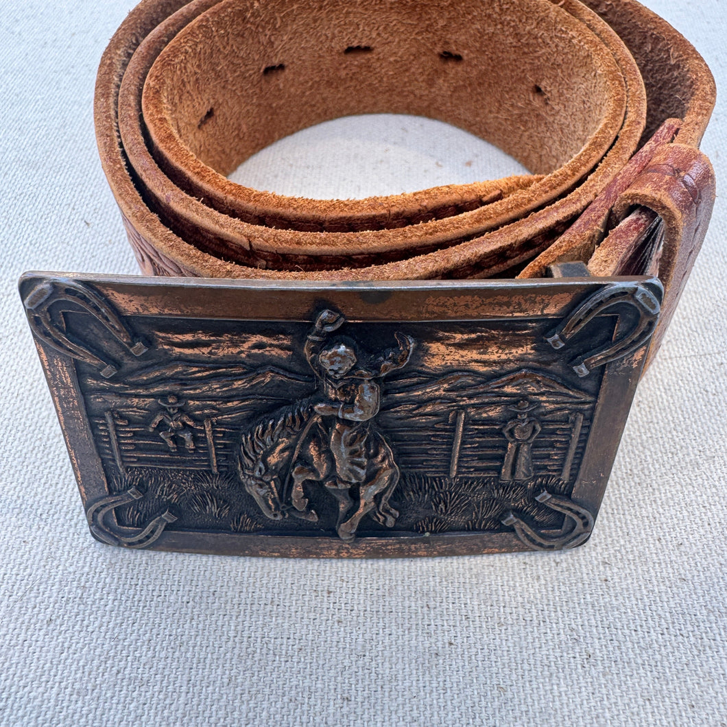Western Rodeo Copper Buckle Embossed Leather Belt