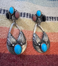 Load image into Gallery viewer, Navajo Sterling Turquoise Jet Spiny Oyster Earrings

