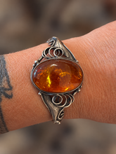 Load image into Gallery viewer, Vintage Art Nouveau Sterling Silver Amber Statement Cuff Bracelet
