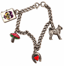 Load image into Gallery viewer, Vintage Sterling Dog, Mushroom, Pansy,  Heart Horseshoe Charm Bracelet

