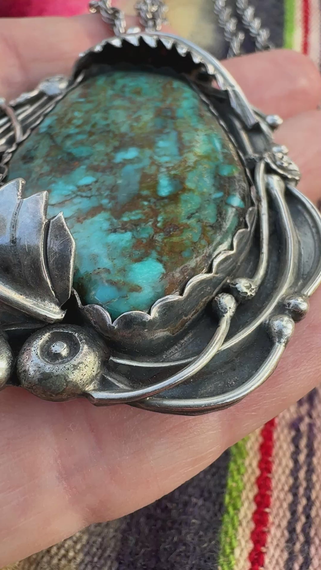 Vintage Navajo Large Turquoise Pendant Stone Sterling Silver Necklace