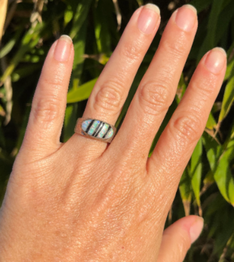 Opal Jet Inlay Striped Ring