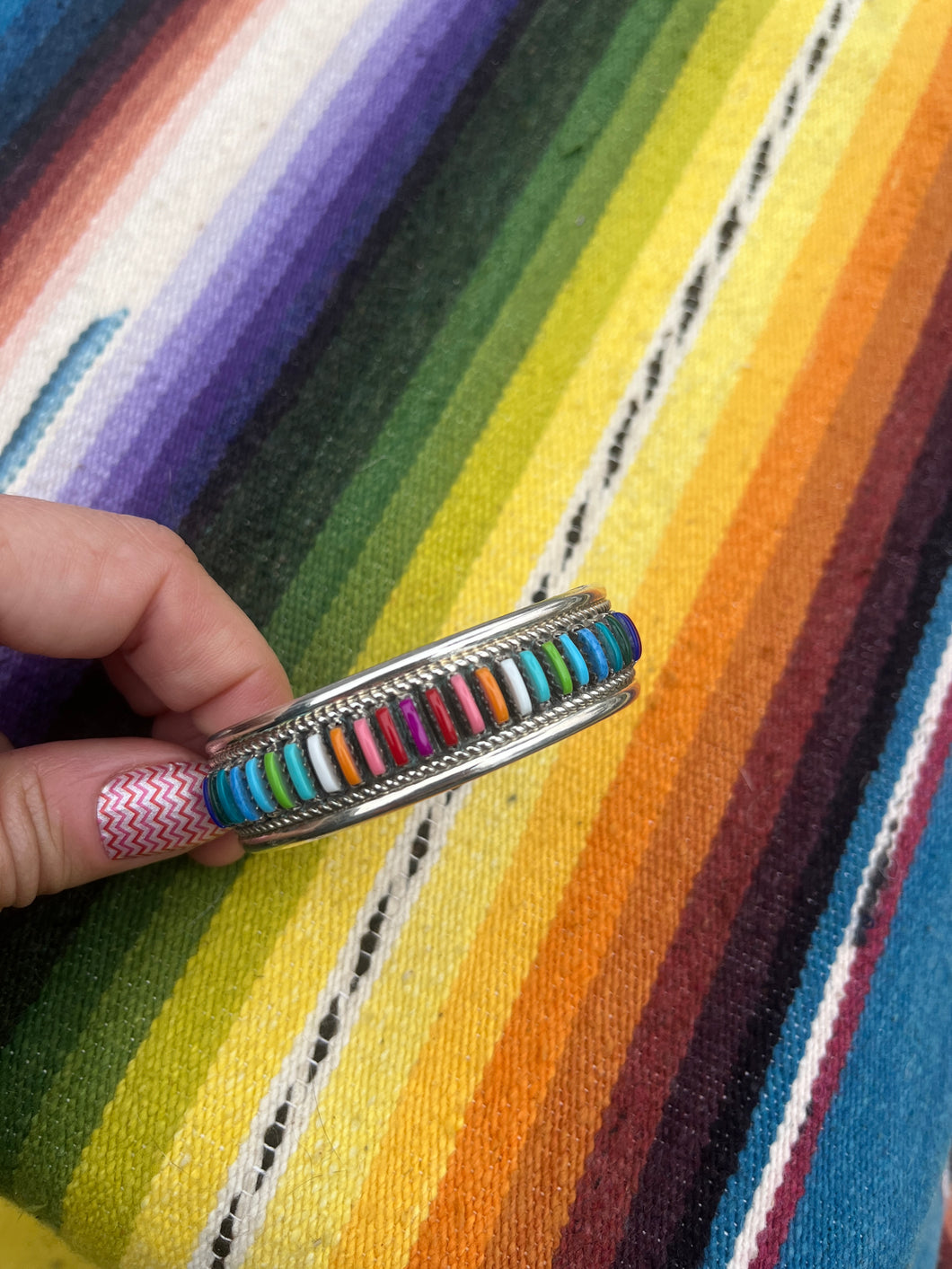 Rainbow Needlepoint Zuni Signed Cuff Bracelet