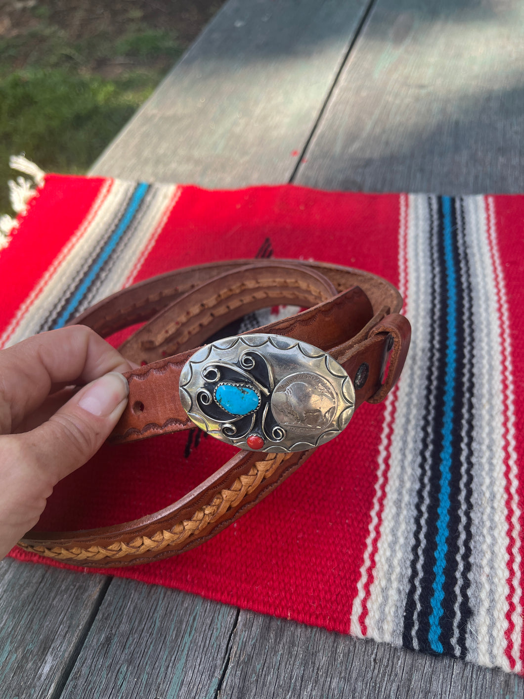 Vintage Handcrafted Buffalo Nickel Coin Buckle Leather Braided Belt