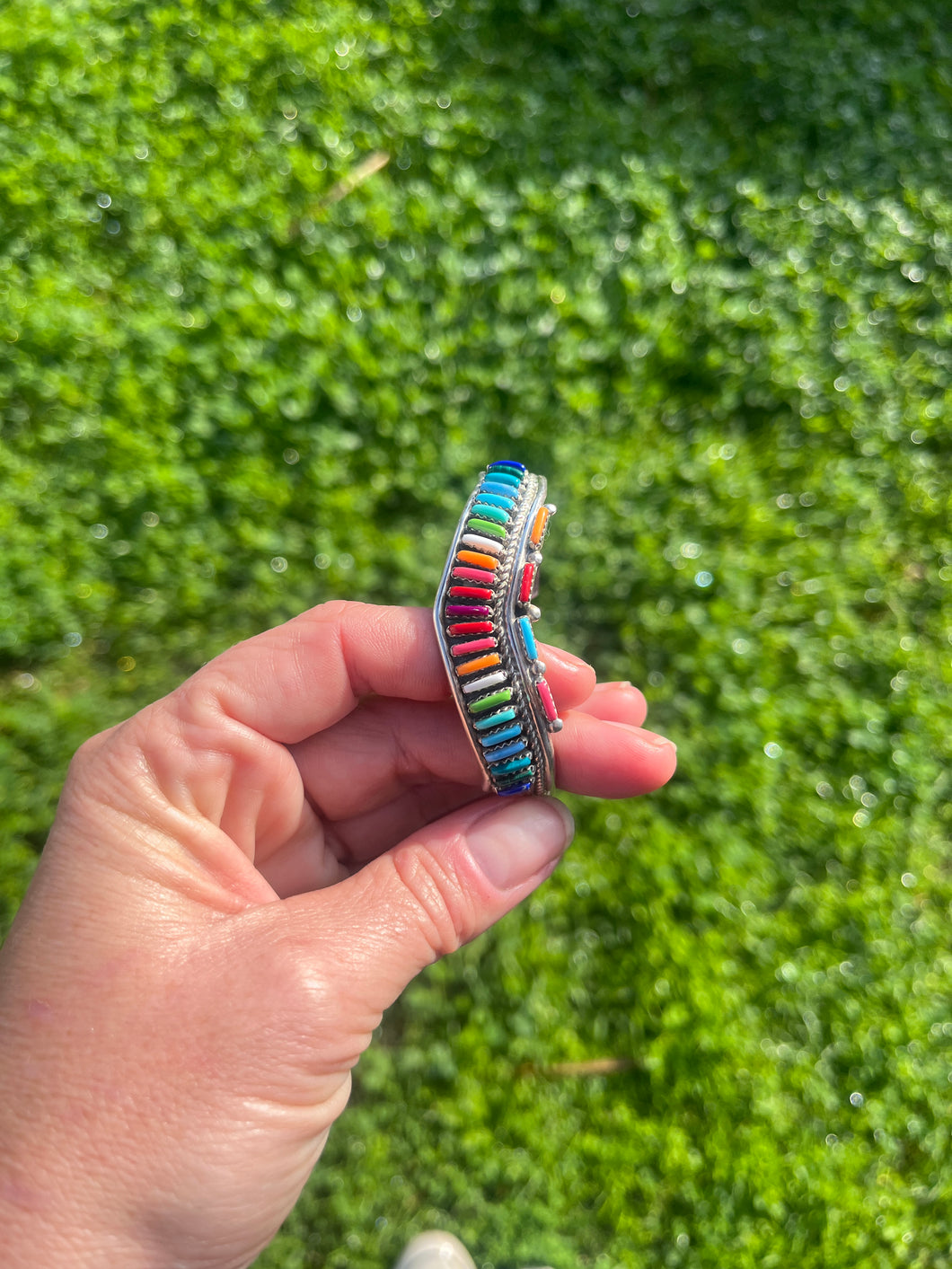 Rainbow Needlepoint Zuni Signed Cuff Bracelet