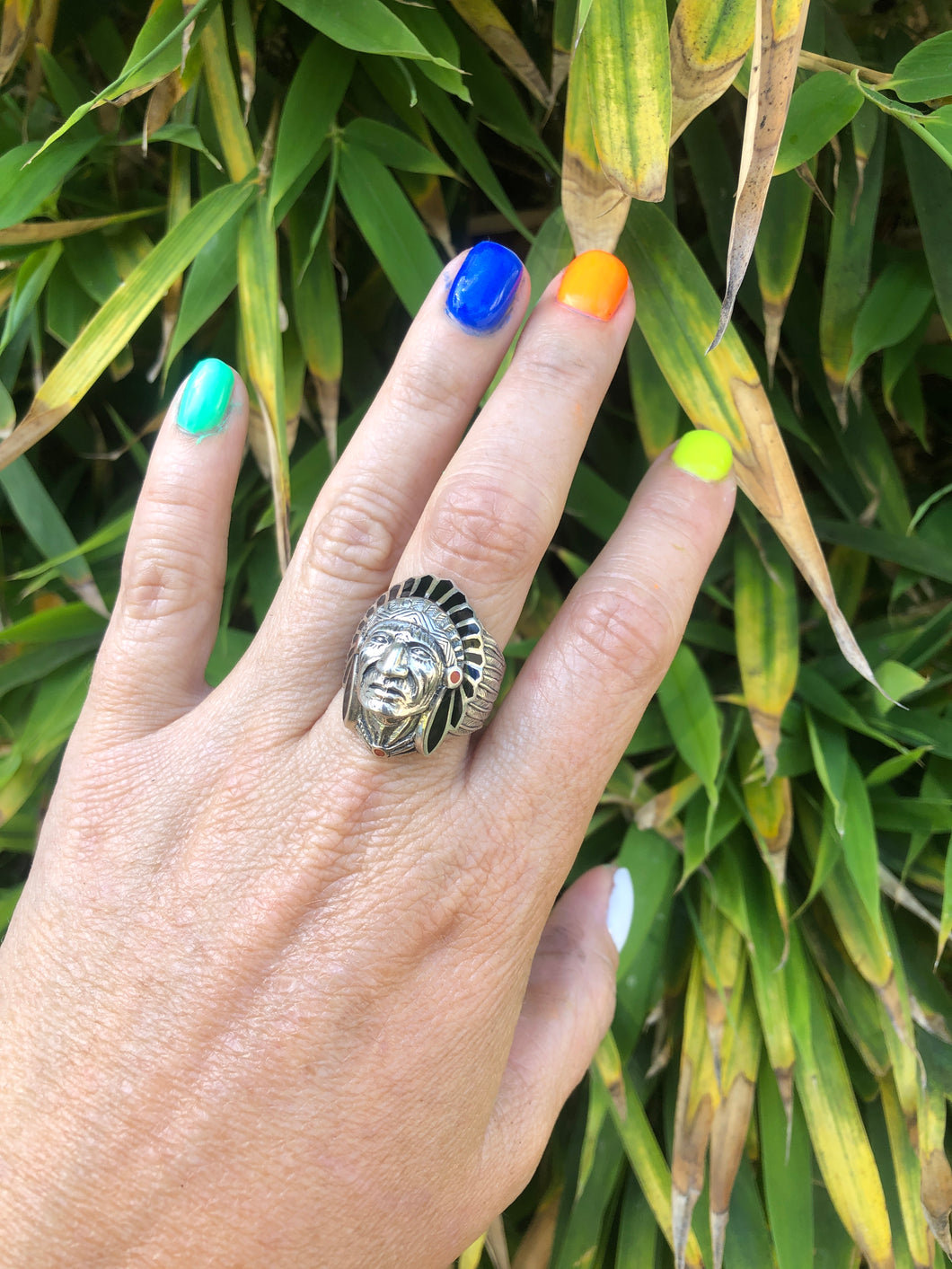 Indian Chief Headdress Jet Coral Ring