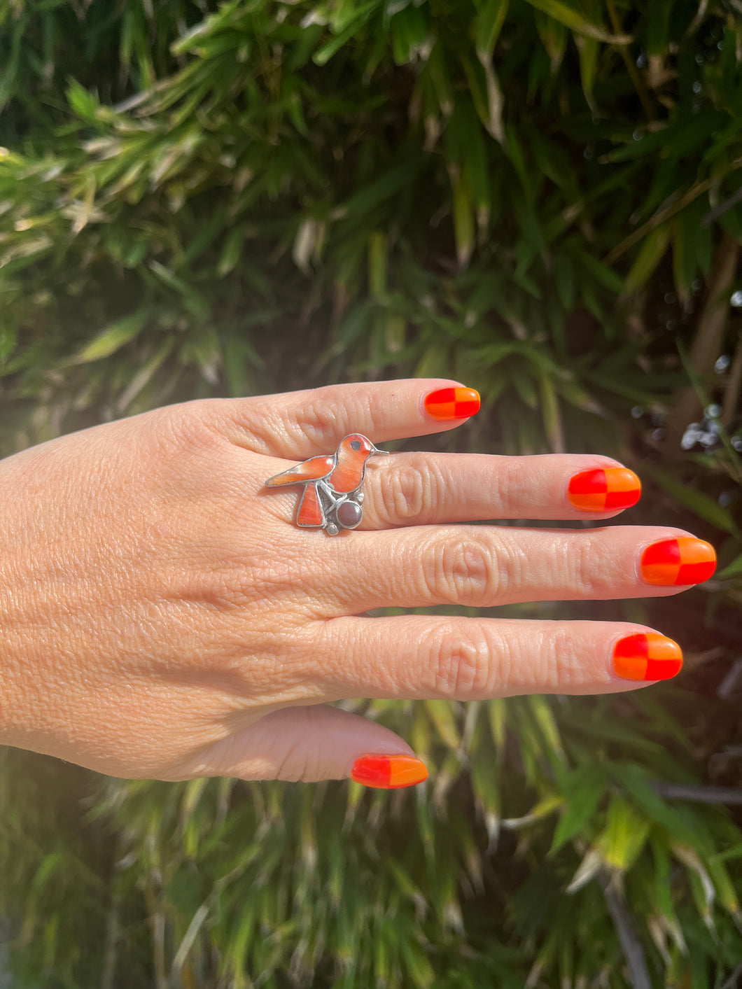 Native American Coral Bird Inlay Ring